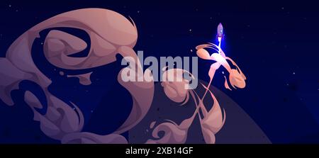 Launched rocket flying in dark blue sky with comic cloud path. Cartoon vector illustration of space ship started flight. Innovation universe development technology. Missile traveling at high speed. Stock Vector