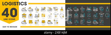 Line icons of logistics. Supply chain, delivery and storage, cargo service transport vector symbols with outline truck, ship, airplane and train, delivery boxes and parcels, warehouse and courier Stock Vector