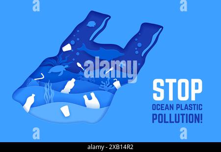 Polluted water, plastic waste on the sea bottom. Stop ocean plastic pollution ecological poster in paper cut style. 3d Vector frame in shape of used bag with marine life and trash floating within Stock Vector