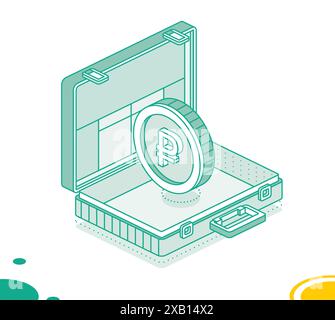 Business briefcase with rouble coin. Isometric outline concept. Vector illustration. 3d object. Stock Vector