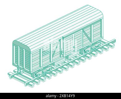 Isometric freight railroad car. Object isolated on white background. Railway. Vector illustration. Wagon on rails. Freight boxcar wagon. Stock Vector