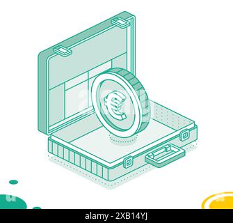 Business briefcase with euro coin. Isometric outline concept. Vector illustration. 3d object. Stock Vector