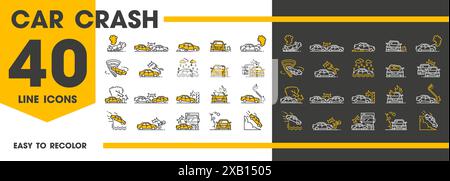 Car crash line icons of traffic accident and vehicle collision on road, vector symbols. Car crash accidents icons for insurance of auto damage from natural disaster of weather, bicycle and transport Stock Vector