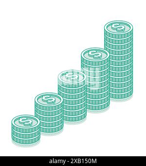 Isometric dollar coins stacks. 3d cash. Vector illustration. Outline objects isolated on white background. Icon or symbol. Green color. Stock Vector