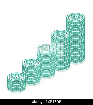 Isometric yen coins stacks. 3d cash. Vector illustration. Outline objects isolated on white background. Icon or symbol. Green color. Stock Vector
