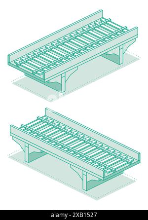 Isometric outline railroad bridge. Vector illustration. Urban infrastructure. Empty railway bridge. Stock Vector