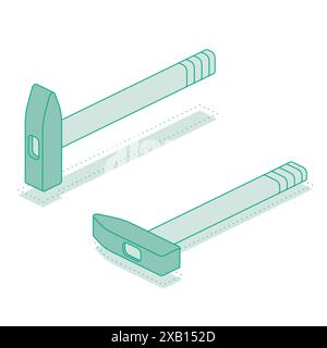 Isometric hammer. Vector illustration. Outline objects isolated on white background. Work tool. Icon or symbol. Stock Vector