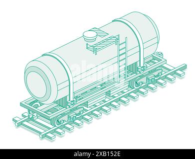 Isometric railroad tank car. Freight railroad car. Object isolated on white background. Railway. Vector illustration. Wagon on rails. Stock Vector