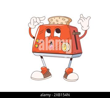 Cartoon groovy retro toaster character with funky face, vector 70s hippie art. Groovy cartoon toaster with toast bread slice with funky face, morning breakfast positive vibe and emoji emoticon Stock Vector