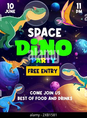 Space dino party, kids birthday invite. Vector festive, vibrant, playful invitation poster for children with colorful cartoon dinosaurs in astronaut helmets floating in space among planets and stars Stock Vector