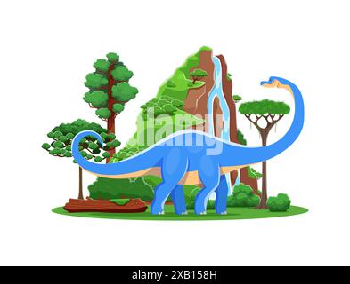 Haplocanthosaurus prehistoric cartoon dinosaur. Vector blue sauropod dino in lush landscape with towering trees, waterfall and cliffs. Ancient Jurassic or Mesozoic world, natural habitat of dinosaurs Stock Vector