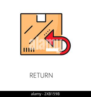 Color return delivery line icon of delivery package box or parcel with arrow, vector logistics, shipping and cargo service. Outline cardboard box with send back, return or exchange arrow symbol Stock Vector