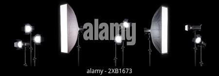 Photography studio flash on a lighting stand isolated on black background with copy space. Professional equipment like monobloc Stock Photo