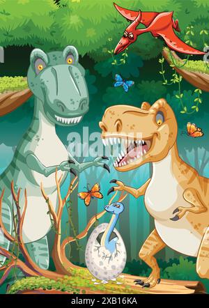 Dinosaurs and butterflies in a lush forest Stock Vector