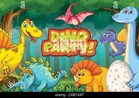 Colorful dinosaurs having fun in the forest Stock Vector
