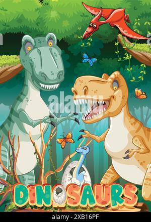 Colorful dinosaurs in a lush, vibrant forest Stock Vector