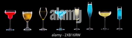 Set of different glasses for drinks and cocktails on black background with clipping path. Stock Photo