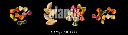 Flying of different type of pasta isolated on black background. Stock Photo