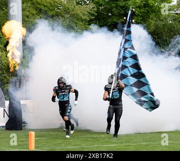 Marcos Schlabitz (Munich Ravens, #22) und Johannes Zirngibl (Munich Ravens, #15) beim Einlauf ins Stadion.  Munich Ravens gegen Prague Lions, Football, European League of Football ELF, Week 3, Saison 2024, 09.06.2024.  Foto: Eibner Pressefoto/Heike Feiner Stock Photo