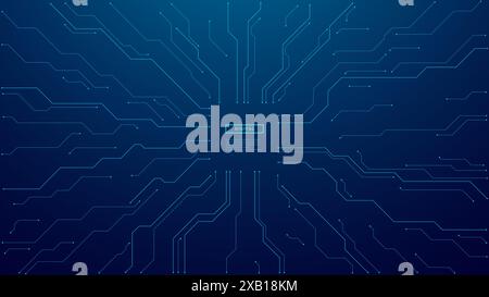 Circuit connected lines on technology blue background. Circuit board. Stock Vector