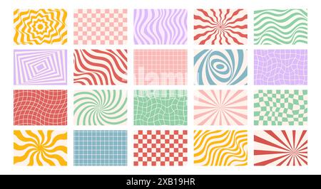 Abstract groovy backgrounds set. Hippie vertical backdrops. Y2k aesthetic. Twisted design in yellow and red colors. Retro psychedelic vector Stock Vector