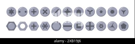 Set of metal screw heads. Stainless steel bolts. Silver nails and rivets. Top view. Vector illustration in flat style. Different hardware elements Stock Vector
