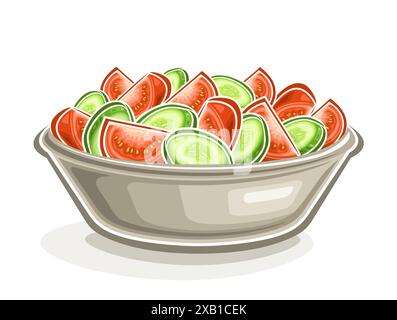 Vector Salad in Plate, horizontal poster with cartoon design chopped vegetable still life composition on plate, decorative placard with outline illust Stock Vector