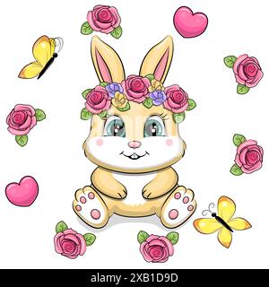 A cute cartoon rabbit in a flower wreath sits in a roses frame. Spring animal vector illustration on white background with flowers, butterflies and he Stock Vector