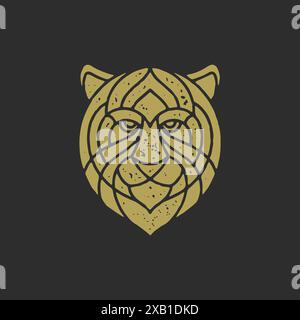 Golden severe tiger muzzle outline icon grunge texture hand drawn stamp effect vector illustration. Aggressive carnivorous wild animal beast predator Stock Vector