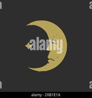 Crescent esoteric sleep face and star antique hand drawn outline grunge texture illustration. Mythical half moon closed eyes, nose and lips asleep ele Stock Vector