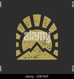Artwork landscape hand drawn icon with golden sun beams and mountain nature grunge texture vector illustration. Abstract simple logo natural scenery s Stock Vector