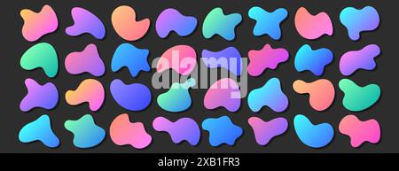 Set of holographic freeform shapes or irregular blobs. Random liquid deformed figures. Neon colors organic stains, wavy spots or fluid simple amoeba abstract form. Modern assymmetric colorful blotches Stock Vector