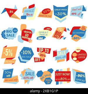 Set of Sale Discount Labels, Tags, Emblems. Web collection of stickers and badges for sale. Isolated vector illustration. Stock Vector