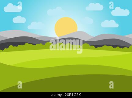 Vector landscape with field and mountains. Early morning with the rising of the sun on the horizon. Vector illustration. Stock Vector