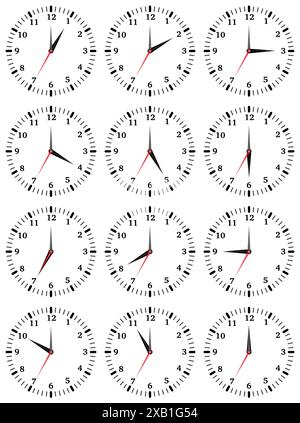 A set of mechanical clocks with an image of each of the twelve hours. Clock face on white background. Stock Vector