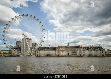 view of the London Eye and County Hall from the Thames Stock Photo