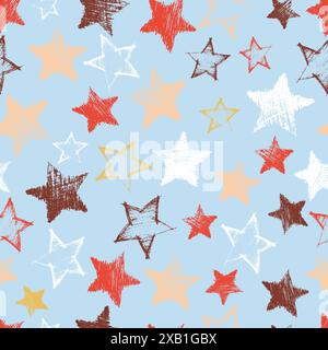 Seamless Pattern with hand drawn blue Stars on blue background. Abstract grunge texture. Vector illustration Stock Vector
