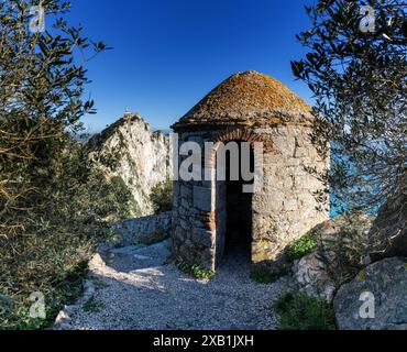 Gibraltar, Gibraltar - 27 April, 2024: close-up view of an old guard house and outlook post on the Rock of Gibraltar Stock Photo