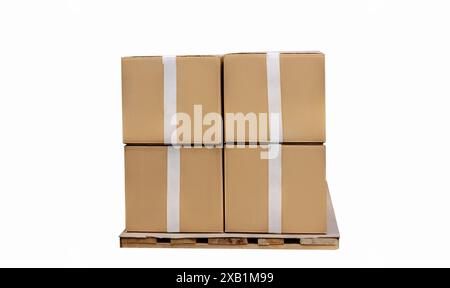 isolated stack of packed cardboard boxes on wooden pallet. Stock Photo