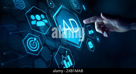Digital advertising and marketing strategies for boosting online sales and PPC campaigns. Visualize data-driven growth with a professional businessman Stock Photo