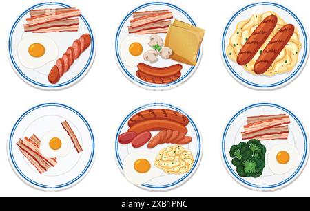 Various breakfast plates with eggs and meats Stock Vector