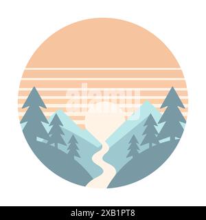 Minimalist landscape with mountains, river and pine trees at sunset inside a circle. Nature logo design. Vector illustration. Stock Vector