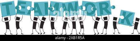 Illustration of a group of people lifting puzzle pieces above their heads. When you complete the puzzle you read the word teamwork. Stock Vector