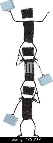 Three stick figures one on the shoulders of another climb. Stock Vector