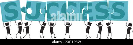 Illustration of a group of people lifting puzzle pieces above their heads. When you complete the puzzle you read the word success. Stock Vector