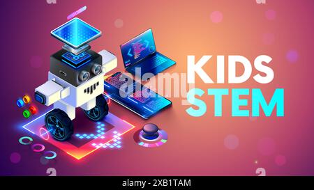 DIY balancing robot controlled from a phone. Robotics for kids conceptual isometric banner. Kids development balancing robot on robotics courses. STEA Stock Vector