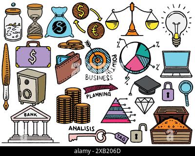 Hand drawn doodle banking of business planning elements in colorful style. Banking and finance concept vector illustration isolated on white backgroun Stock Vector