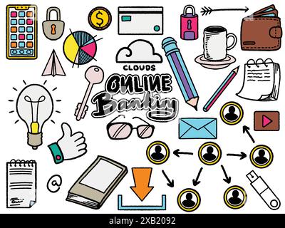 hand drawn doodle business team symbol set elements in colorful style. Banking and finance concept vector illustration isolated on white background. Stock Vector