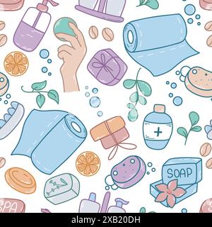Hygiene items colored drawing in sketch style seamless pattern. Jars with shampoo, shower gel, bar of soap, lotion, scrub, soap bubbles background Stock Vector
