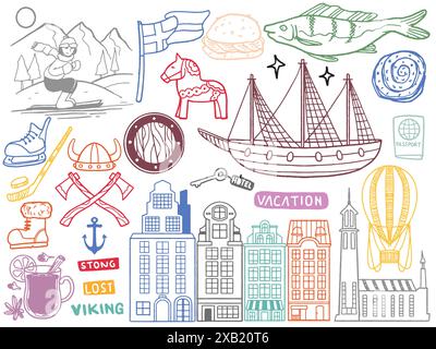 Hand drawn set of doodle travel to Sweden set travel outline doodle Tourism and summer adventure icons in colorful style isolated on white background. Stock Vector